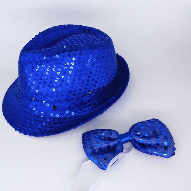 Woman Men Kids LED Blinking Sequin Jazz Hat Cap Bow Tie Performance Props Glow Party Birthday Halloween Christmas Decorations