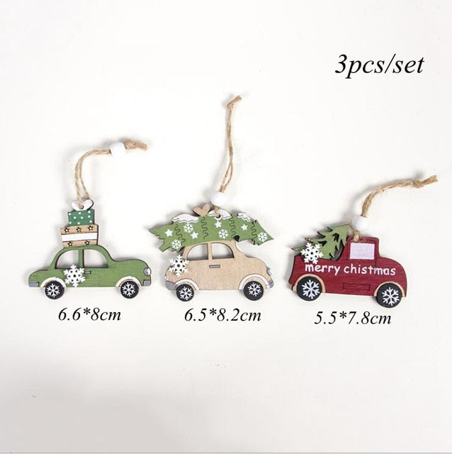 3PCS/Set Wooden Car/Deer/Tree Pendants Ornaments Christmas Wood Crafts Xmas Tree Ornaments Kids Gift Christmas Party Decoration