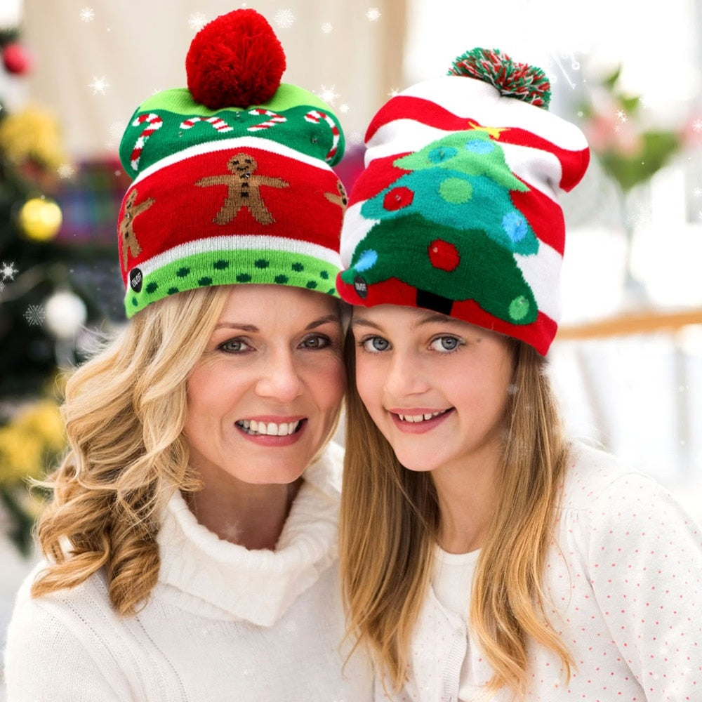 OurWarm Led Light Cotton Christmas Hat Knit Up Beanie Hat Kids Adult Children Cap Christmas Party Decoration New Year Gifts