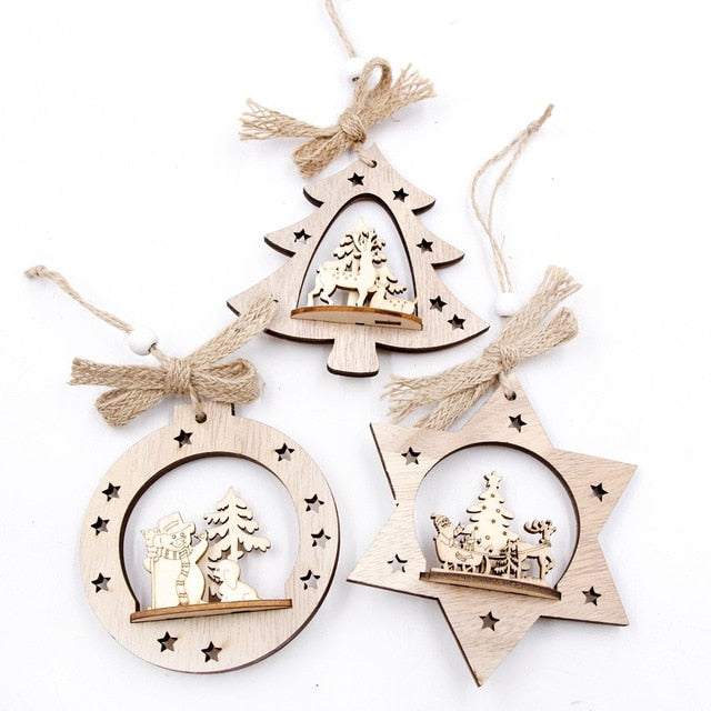 3PCS/Set Wooden Car/Deer/Tree Pendants Ornaments Christmas Wood Crafts Xmas Tree Ornaments Kids Gift Christmas Party Decoration