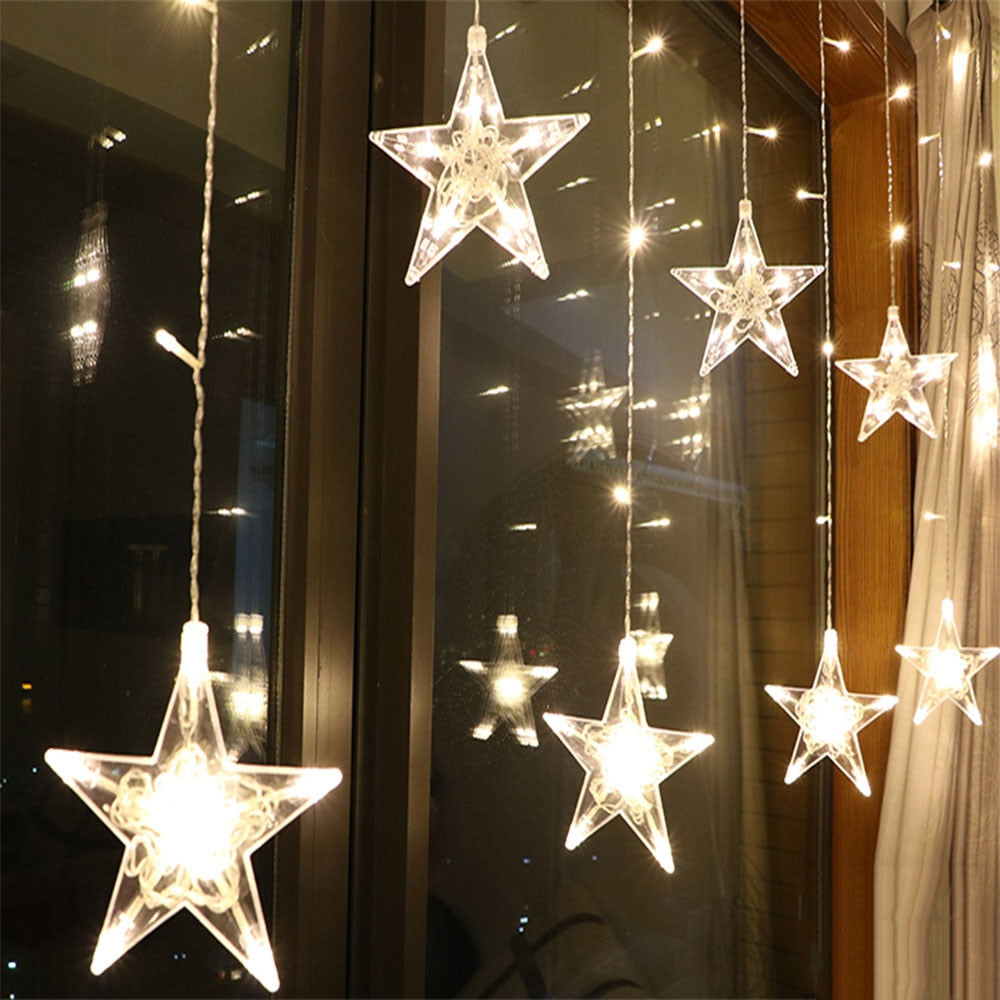 2.5M LED Christmas Star Curtain Lights 220V EU Outdoor/Indoor Garland String Fairy Lamp For Party Wedding Holiday Decoration