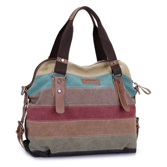 Women's Canvas Shoulder Bags Fashion Messenger Bags Casual Beach Bag Striped Shopping Tote Handbag