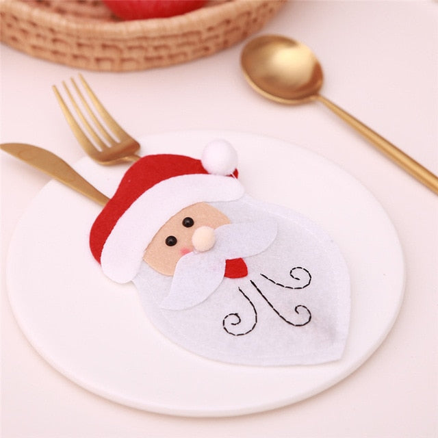 Santa Hat Reindeer Christmas New Year Pocket Fork Knife Cutlery Holder Bag Home Party Table Dinner Decoration Tableware 62417