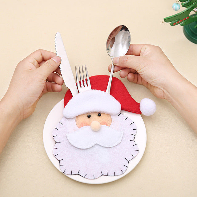 Santa Hat Reindeer Christmas New Year Pocket Fork Knife Cutlery Holder Bag Home Party Table Dinner Decoration Tableware 62417