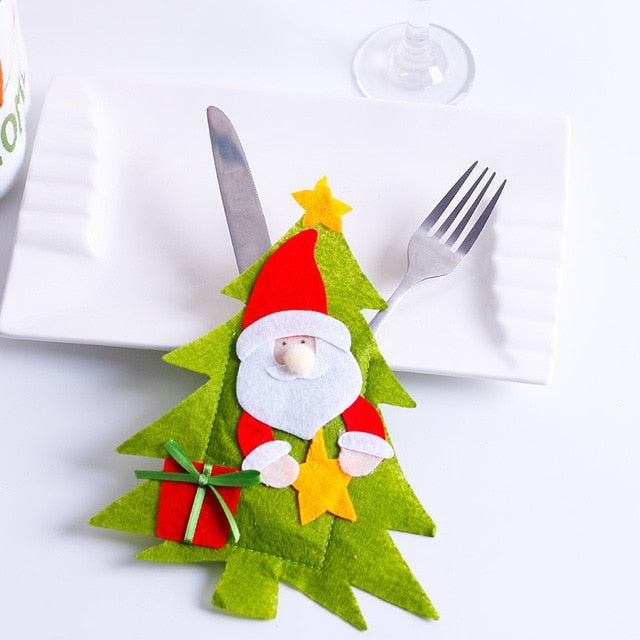 Santa Hat Reindeer Christmas New Year Pocket Fork Knife Cutlery Holder Bag Home Party Table Dinner Decoration Tableware 62417