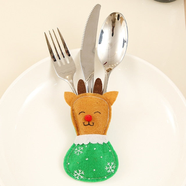 Santa Hat Reindeer Christmas New Year Pocket Fork Knife Cutlery Holder Bag Home Party Table Dinner Decoration Tableware 62417