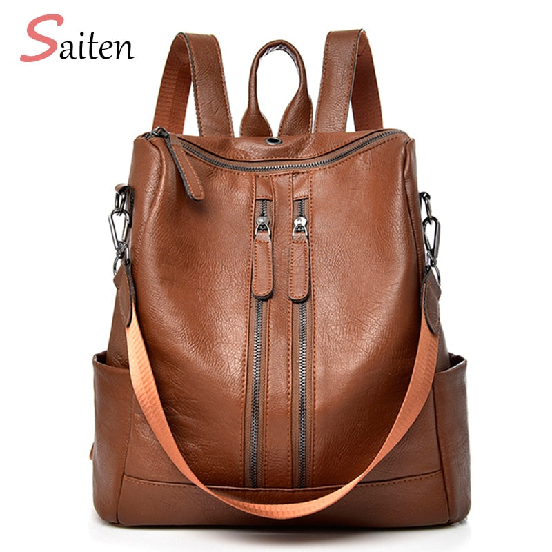 Saiten 2018 New PU Leather Women Backpack Casual School Backpack For Teenager Girl Large Capacity Multifunction Backpack Mochil