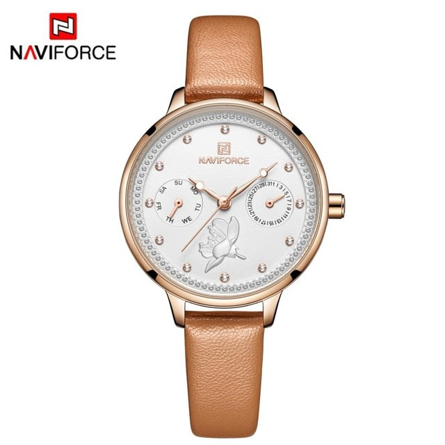 NAVIFORCE Women Watch Fashion Quartz Lady Leather Watchband Date Week Casual Waterproof Wristwatch Gift for Girl 2019 New Blue