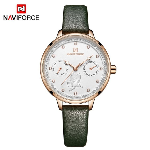 NAVIFORCE Women Watch Fashion Quartz Lady Leather Watchband Date Week Casual Waterproof Wristwatch Gift for Girl 2019 New Blue