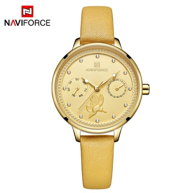 NAVIFORCE Women Watch Fashion Quartz Lady Leather Watchband Date Week Casual Waterproof Wristwatch Gift for Girl 2019 New Blue