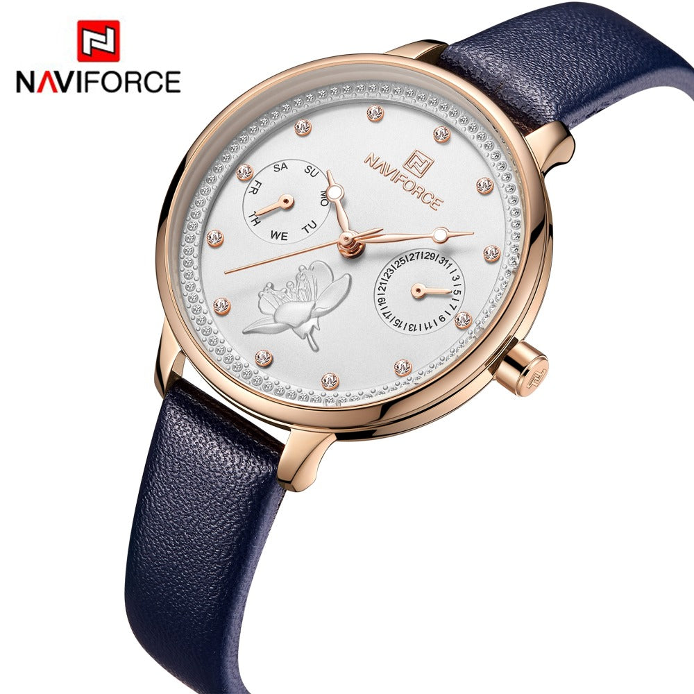 NAVIFORCE Women Watch Fashion Quartz Lady Leather Watchband Date Week Casual Waterproof Wristwatch Gift for Girl 2019 New Blue